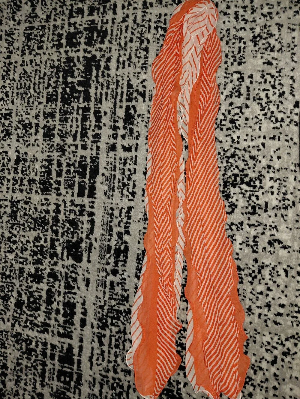 Lauren Ralph Lauren Silk Skinny Scarf Orange White Striped Ruffle 55” Preppy CC